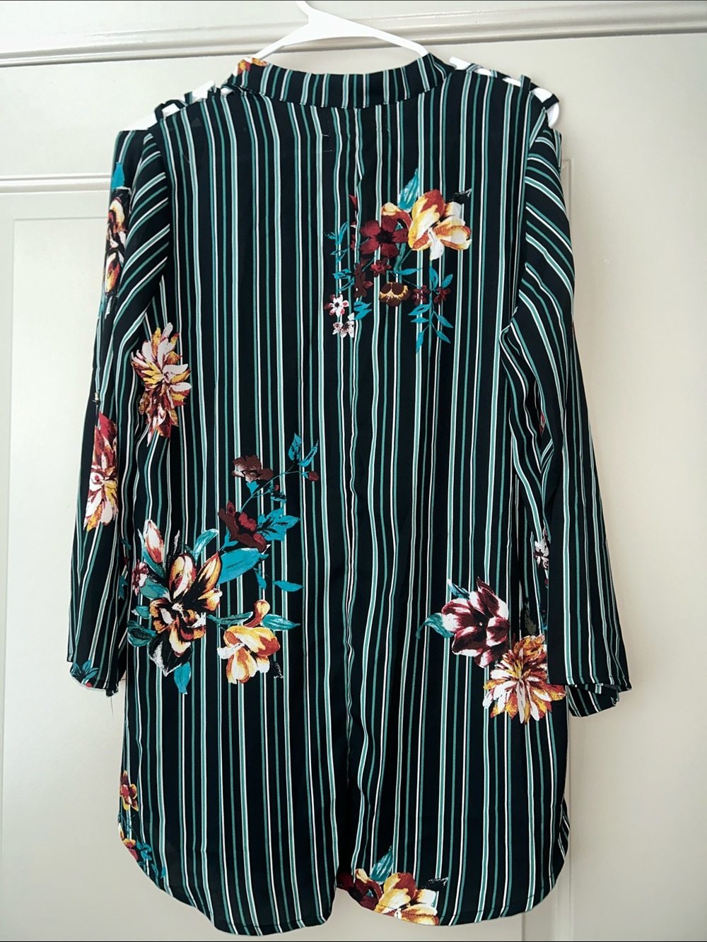 Wishful Park Black Striped V-Neck Tunic with Teal & Multi Floral Print - Picture 2 of 4